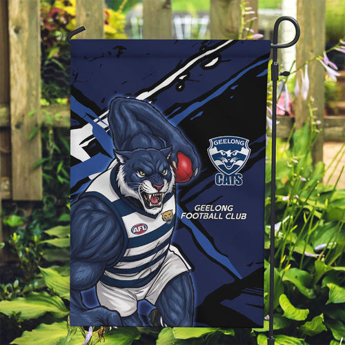 Geelong Football Club Garden Flag Cats Muscular Mascot Graphic - Abstract Paint Splatter Art
