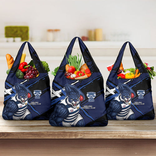 Geelong Football Club Grocery Bag Cats Muscular Mascot Graphic - Abstract Paint Splatter Art