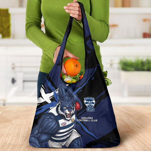 Geelong Football Club Grocery Bag Cats Muscular Mascot Graphic - Abstract Paint Splatter Art