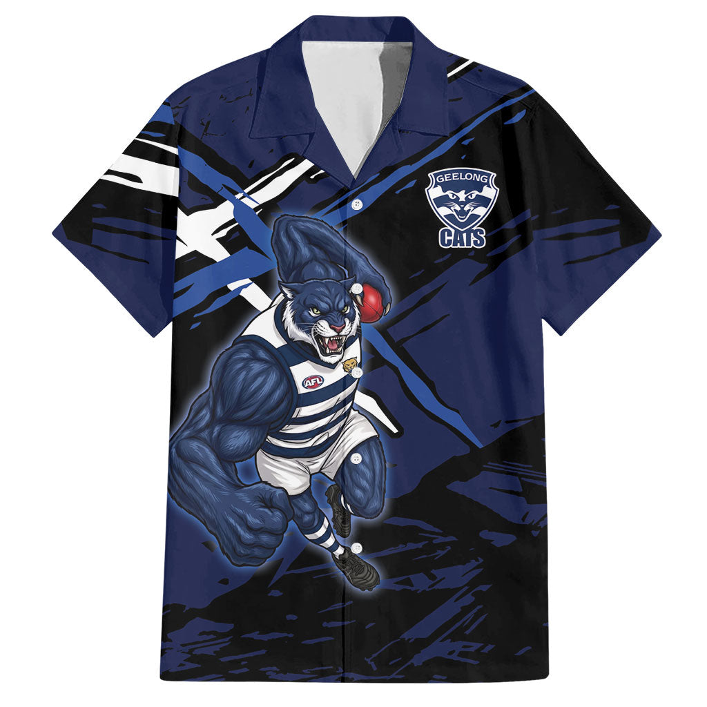 Geelong Football Club Hawaiian Shirt Cats Muscular Mascot Graphic - Abstract Paint Splatter Art