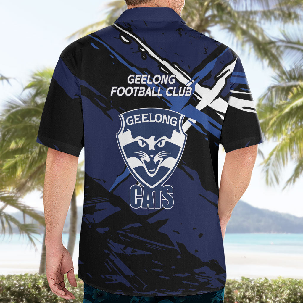 Geelong Football Club Hawaiian Shirt Cats Muscular Mascot Graphic - Abstract Paint Splatter Art