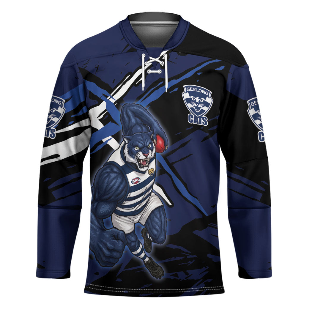 Geelong Football Club Hockey Jersey Cats Muscular Mascot Graphic - Abstract Paint Splatter Art