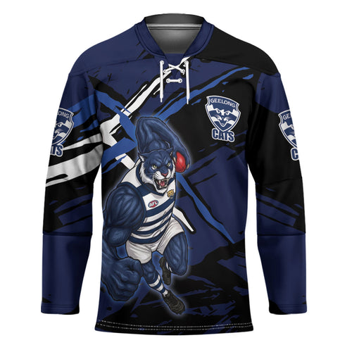 Geelong Football Club Hockey Jersey Cats Muscular Mascot Graphic - Abstract Paint Splatter Art