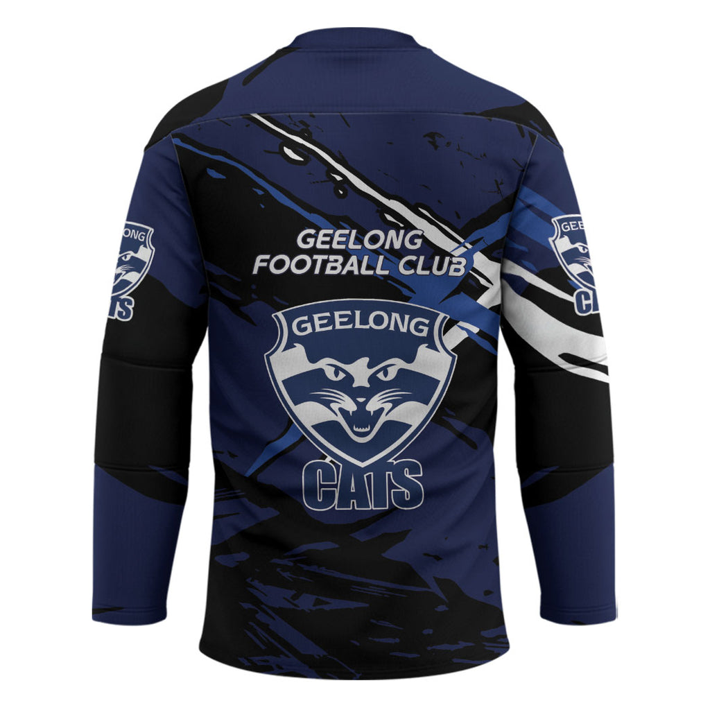 Geelong Football Club Hockey Jersey Cats Muscular Mascot Graphic - Abstract Paint Splatter Art