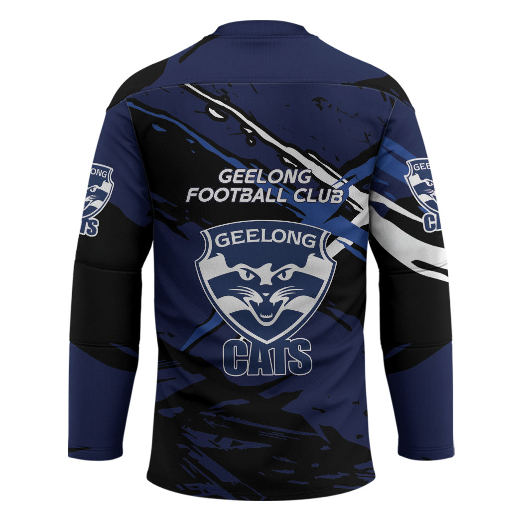 Geelong Football Club Hockey Jersey Cats Muscular Mascot Graphic - Abstract Paint Splatter Art