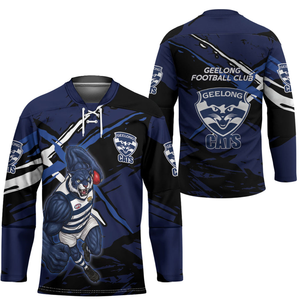 Geelong Football Club Hockey Jersey Cats Muscular Mascot Graphic - Abstract Paint Splatter Art