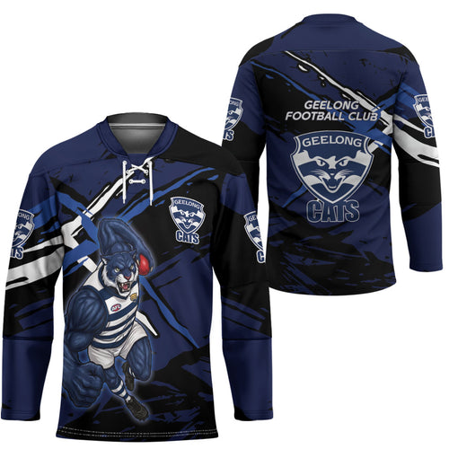 Geelong Football Club Hockey Jersey Cats Muscular Mascot Graphic - Abstract Paint Splatter Art