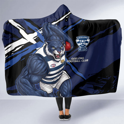 Geelong Football Club Hooded Blanket Cats Muscular Mascot Graphic - Abstract Paint Splatter Art