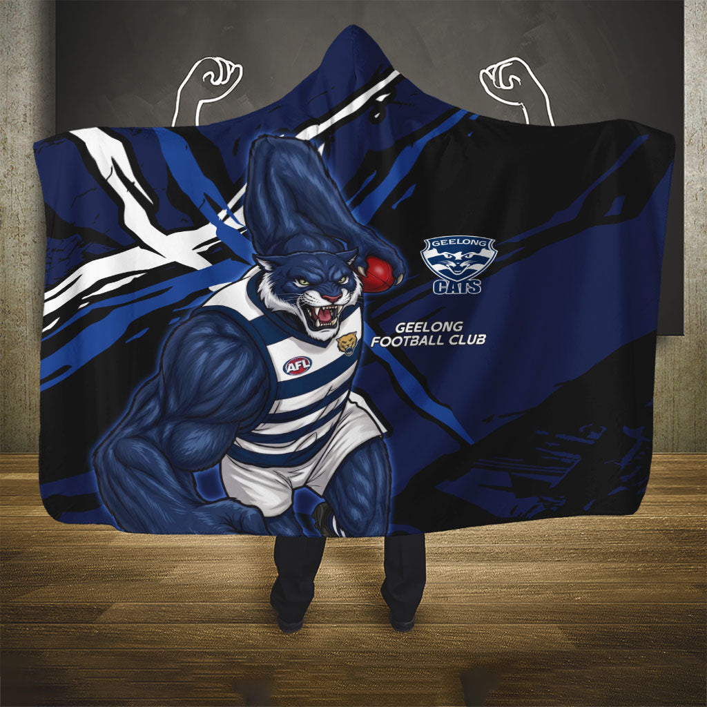 Geelong Football Club Hooded Blanket Cats Muscular Mascot Graphic - Abstract Paint Splatter Art