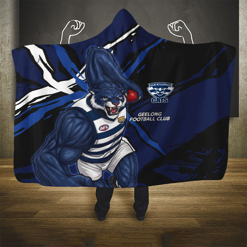 Geelong Football Club Hooded Blanket Cats Muscular Mascot Graphic - Abstract Paint Splatter Art