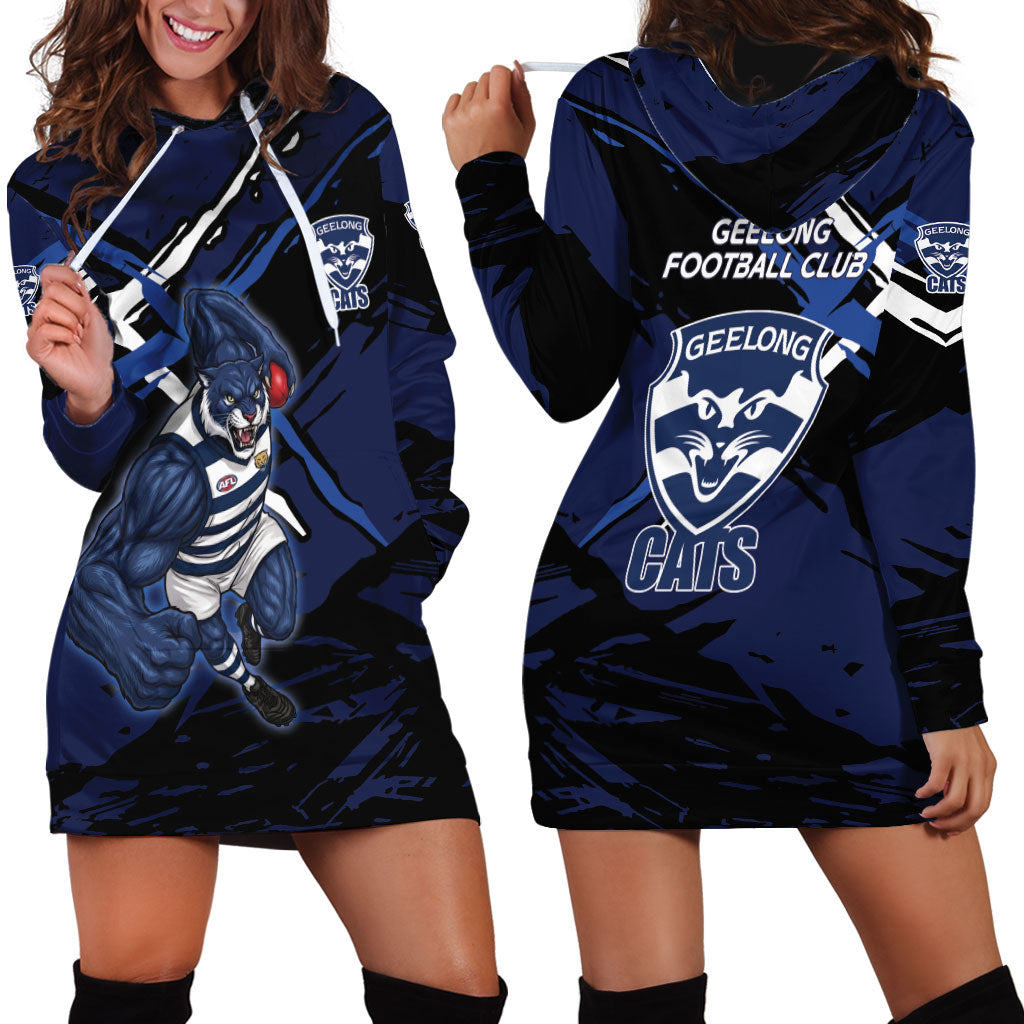 Geelong Football Club Hoodie Dress Cats Muscular Mascot Graphic - Abstract Paint Splatter Art