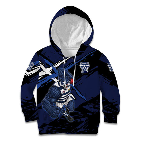 Geelong Football Club Kid Hoodie Cats Muscular Mascot Graphic - Abstract Paint Splatter Art