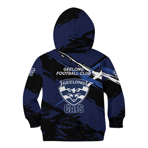 Geelong Football Club Kid Hoodie Cats Muscular Mascot Graphic - Abstract Paint Splatter Art