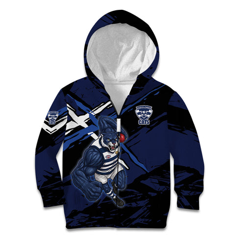Geelong Football Club Kid Hoodie Cats Muscular Mascot Graphic - Abstract Paint Splatter Art