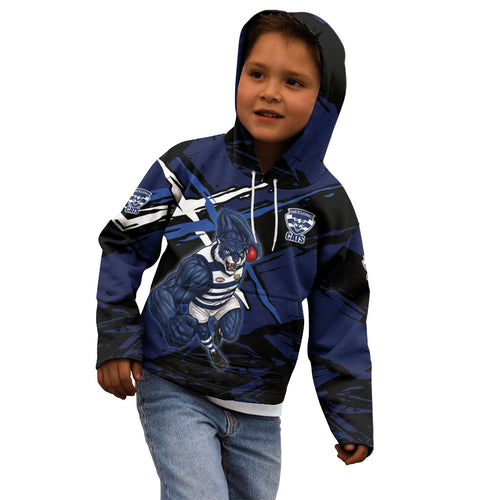 Geelong Football Club Kid Hoodie Cats Muscular Mascot Graphic - Abstract Paint Splatter Art