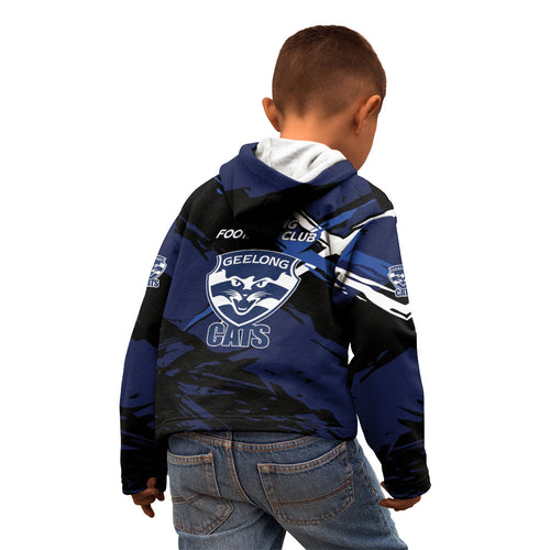 Geelong Football Club Kid Hoodie Cats Muscular Mascot Graphic - Abstract Paint Splatter Art