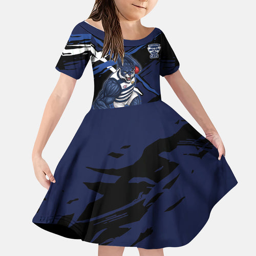 Geelong Football Club Kid Short Sleeve Dress Cats Muscular Mascot Graphic - Abstract Paint Splatter Art