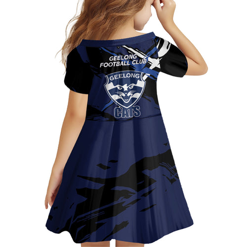 Geelong Football Club Kid Short Sleeve Dress Cats Muscular Mascot Graphic - Abstract Paint Splatter Art