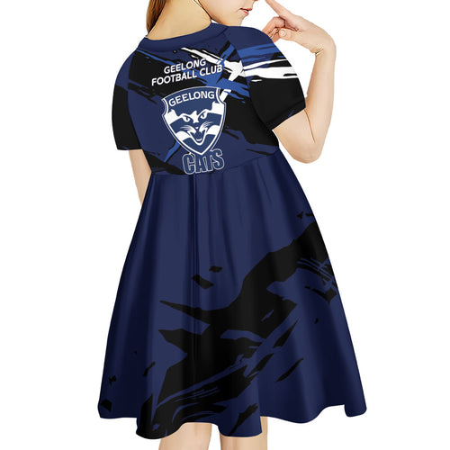 Geelong Football Club Kid Short Sleeve Dress Cats Muscular Mascot Graphic - Abstract Paint Splatter Art