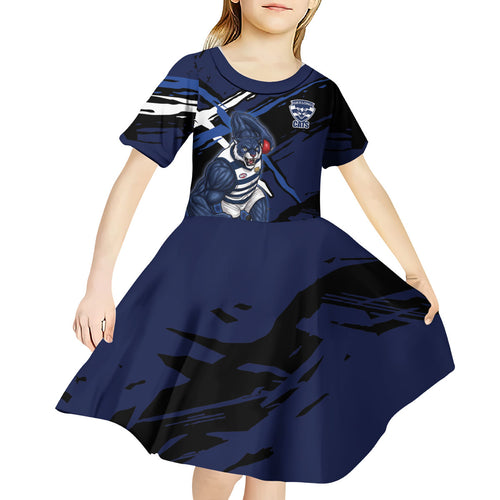 Geelong Football Club Kid Short Sleeve Dress Cats Muscular Mascot Graphic - Abstract Paint Splatter Art