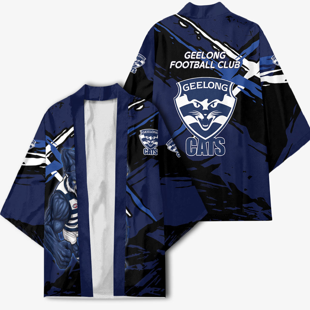 Geelong Football Club Kimono Cats Muscular Mascot Graphic - Abstract Paint Splatter Art