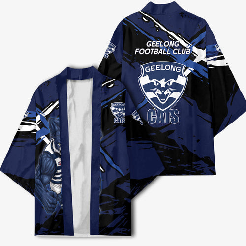 Geelong Football Club Kimono Cats Muscular Mascot Graphic - Abstract Paint Splatter Art