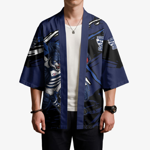 Geelong Football Club Kimono Cats Muscular Mascot Graphic - Abstract Paint Splatter Art