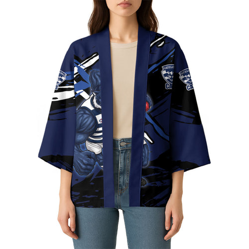 Geelong Football Club Kimono Cats Muscular Mascot Graphic - Abstract Paint Splatter Art