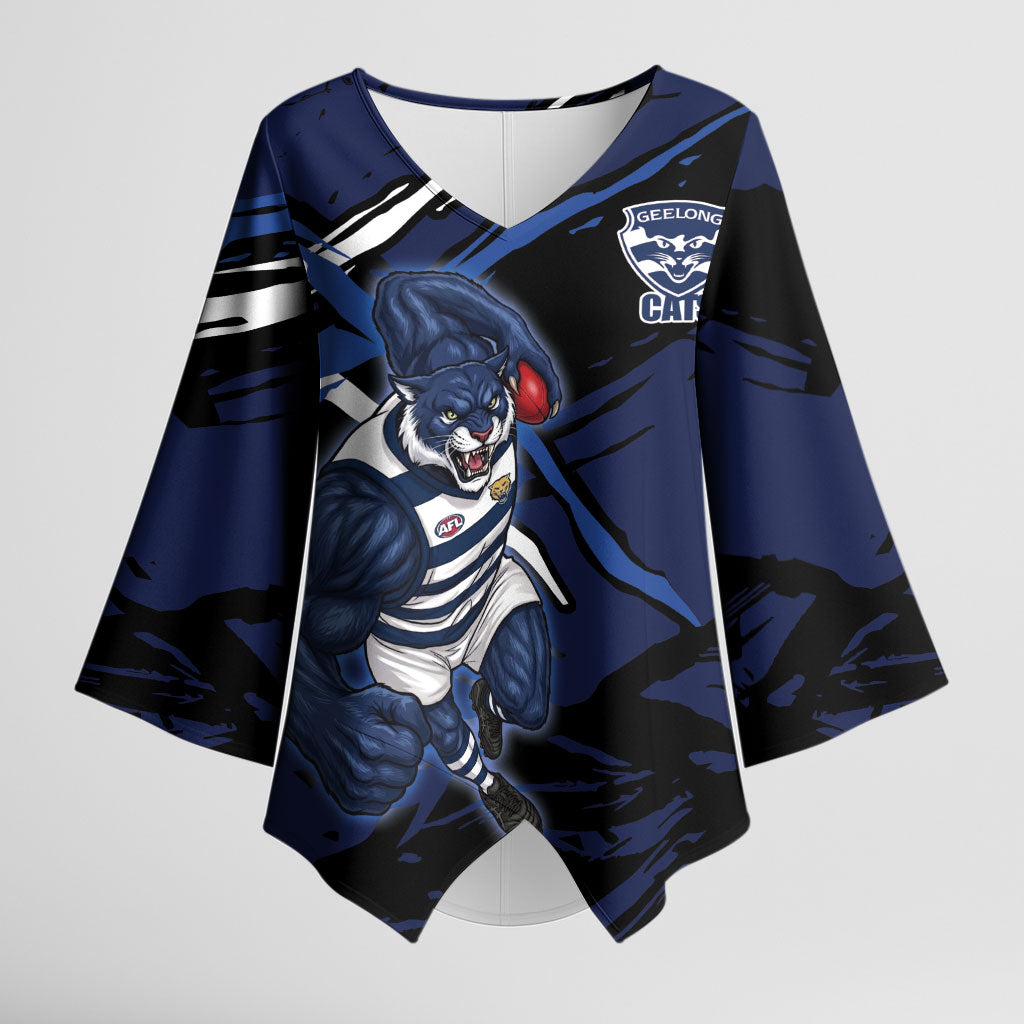 Geelong Football Club Kimono Sleeve Blouse Cats Muscular Mascot Graphic - Abstract Paint Splatter Art