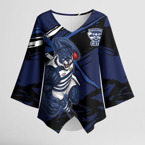 Geelong Football Club Kimono Sleeve Blouse Cats Muscular Mascot Graphic - Abstract Paint Splatter Art
