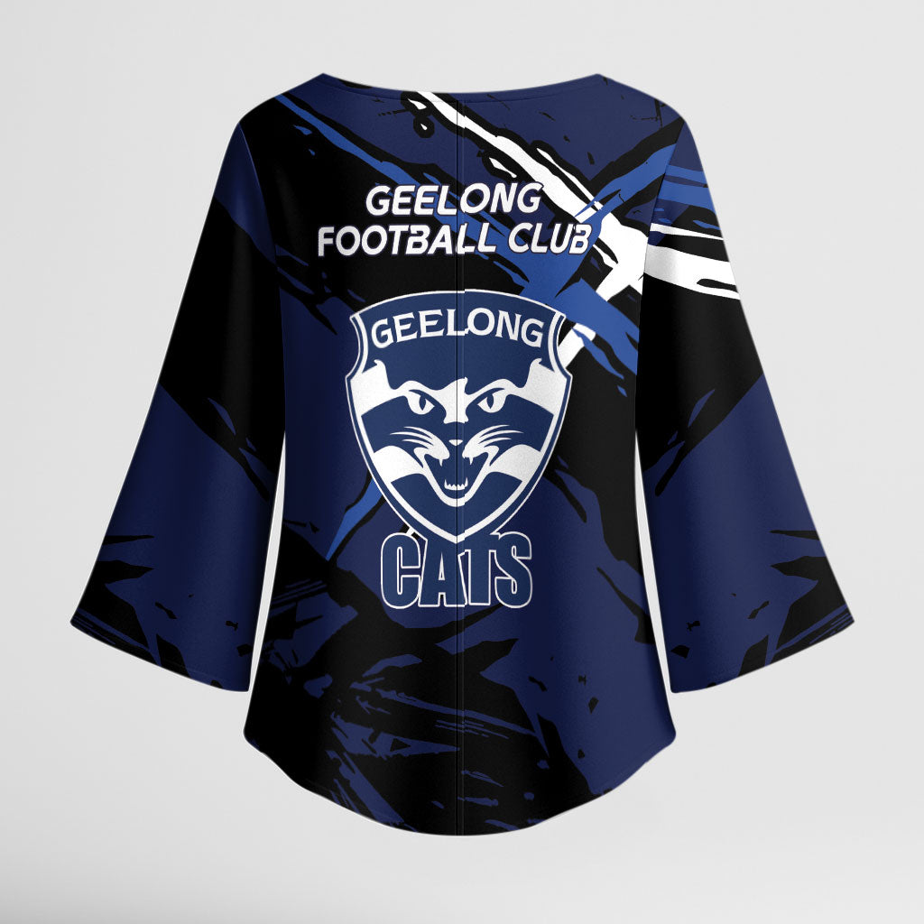 Geelong Football Club Kimono Sleeve Blouse Cats Muscular Mascot Graphic - Abstract Paint Splatter Art