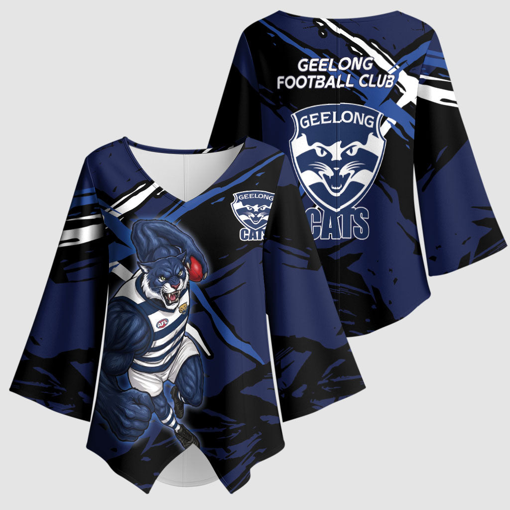 Geelong Football Club Kimono Sleeve Blouse Cats Muscular Mascot Graphic - Abstract Paint Splatter Art