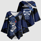 Geelong Football Club Kimono Sleeve Blouse Cats Muscular Mascot Graphic - Abstract Paint Splatter Art