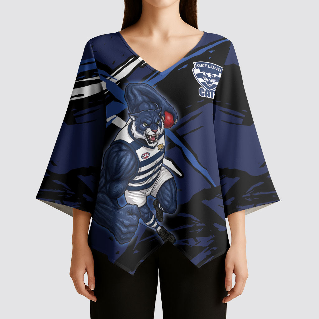 Geelong Football Club Kimono Sleeve Blouse Cats Muscular Mascot Graphic - Abstract Paint Splatter Art