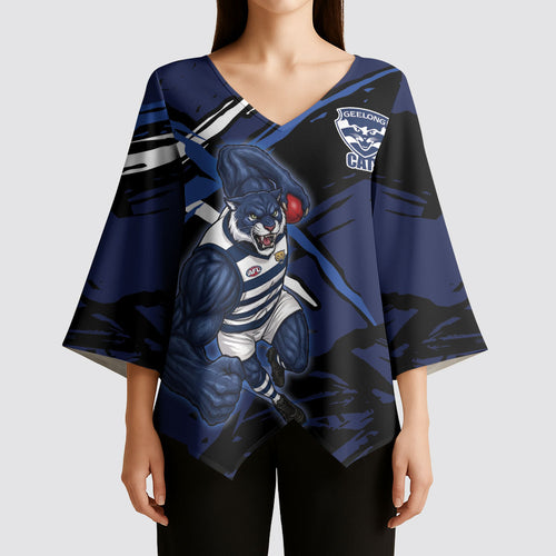 Geelong Football Club Kimono Sleeve Blouse Cats Muscular Mascot Graphic - Abstract Paint Splatter Art