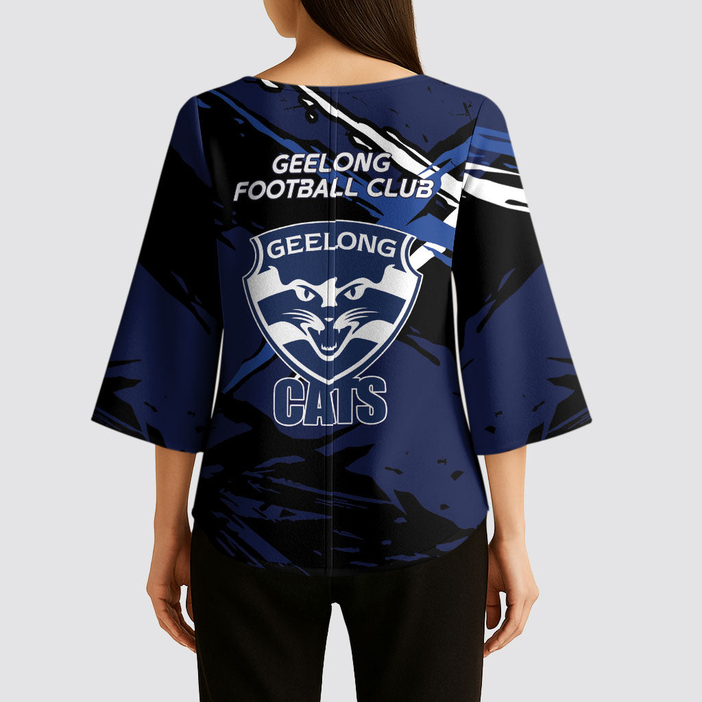 Geelong Football Club Kimono Sleeve Blouse Cats Muscular Mascot Graphic - Abstract Paint Splatter Art