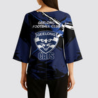 Geelong Football Club Kimono Sleeve Blouse Cats Muscular Mascot Graphic - Abstract Paint Splatter Art