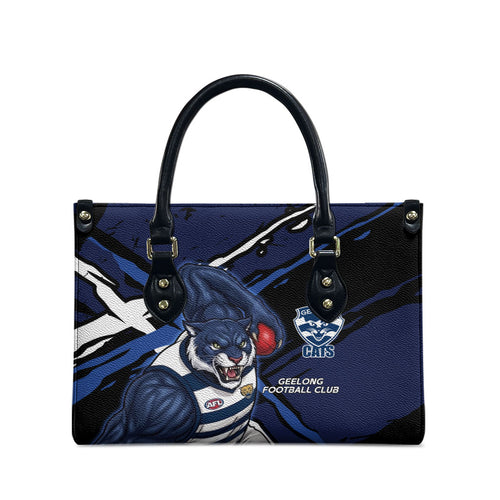 Geelong Football Club Leather Bag Cats Muscular Mascot Graphic - Abstract Paint Splatter Art