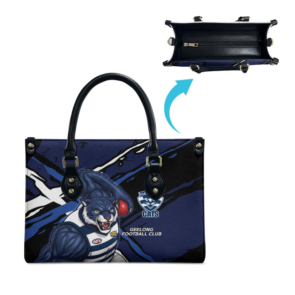 Geelong Football Club Leather Bag Cats Muscular Mascot Graphic - Abstract Paint Splatter Art