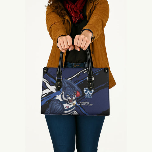 Geelong Football Club Leather Bag Cats Muscular Mascot Graphic - Abstract Paint Splatter Art