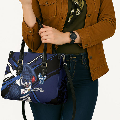 Geelong Football Club Leather Bag Cats Muscular Mascot Graphic - Abstract Paint Splatter Art