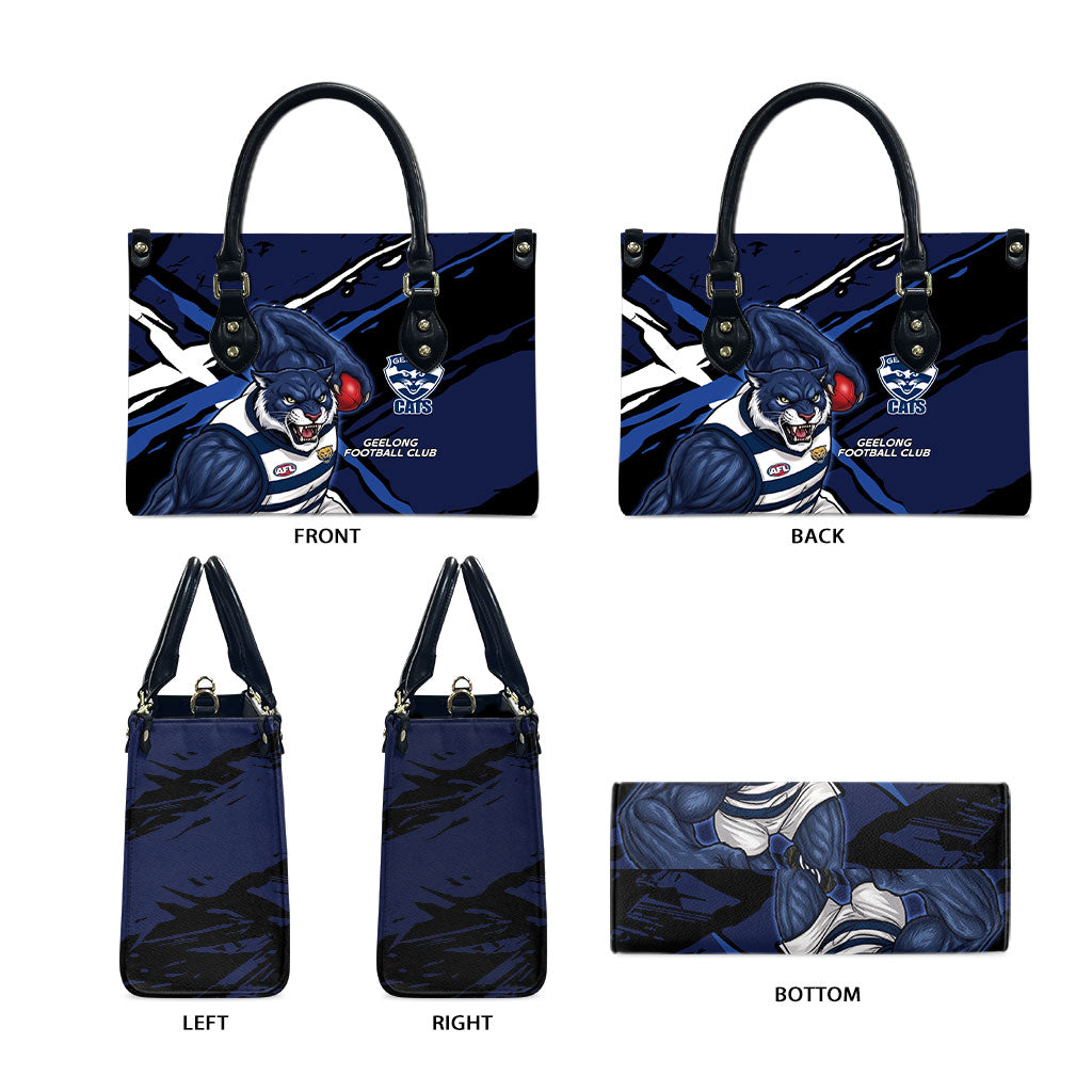 Geelong Football Club Leather Bag Cats Muscular Mascot Graphic - Abstract Paint Splatter Art