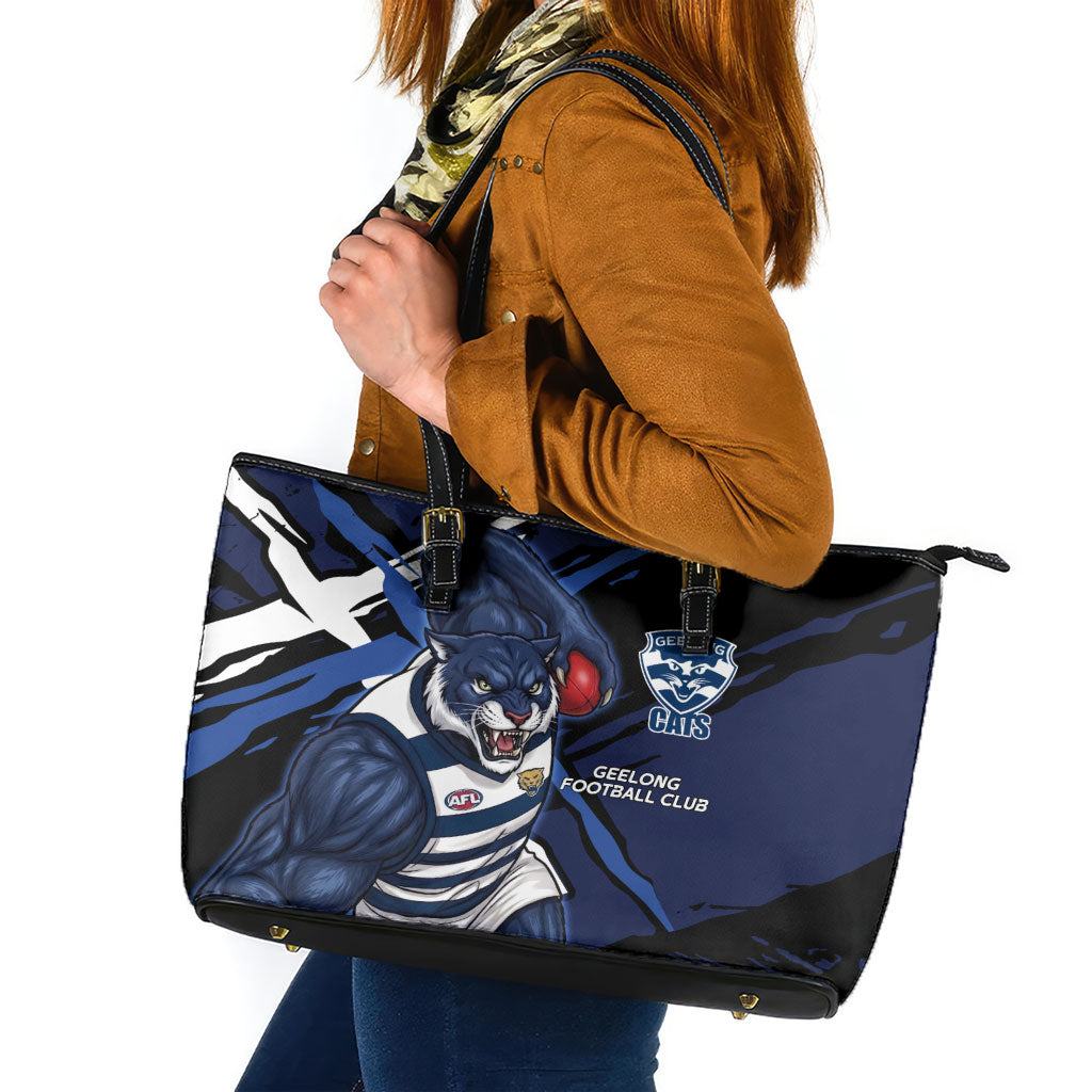 Geelong Football Club Leather Tote Bag Cats Muscular Mascot Graphic - Abstract Paint Splatter Art
