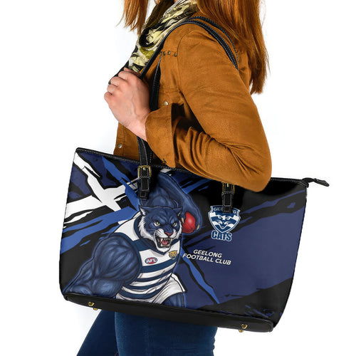 Geelong Football Club Leather Tote Bag Cats Muscular Mascot Graphic - Abstract Paint Splatter Art