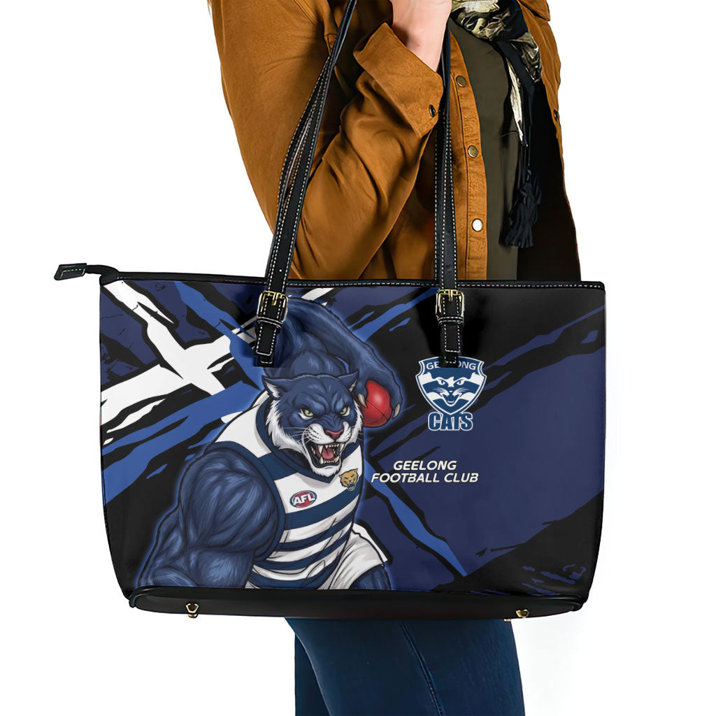 Geelong Football Club Leather Tote Bag Cats Muscular Mascot Graphic - Abstract Paint Splatter Art