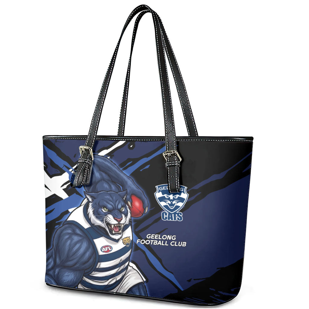 Geelong Football Club Leather Tote Bag Cats Muscular Mascot Graphic - Abstract Paint Splatter Art
