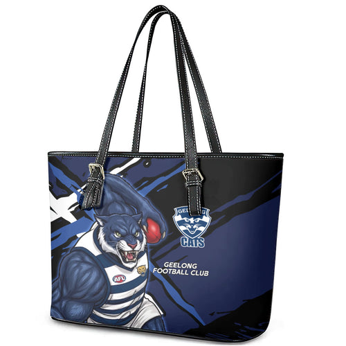 Geelong Football Club Leather Tote Bag Cats Muscular Mascot Graphic - Abstract Paint Splatter Art