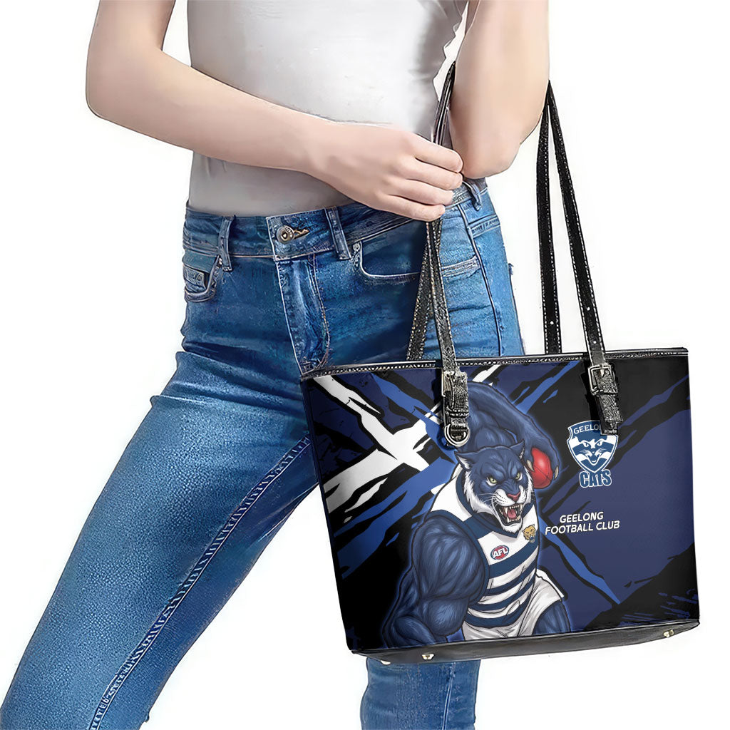 Geelong Football Club Leather Tote Bag Cats Muscular Mascot Graphic - Abstract Paint Splatter Art