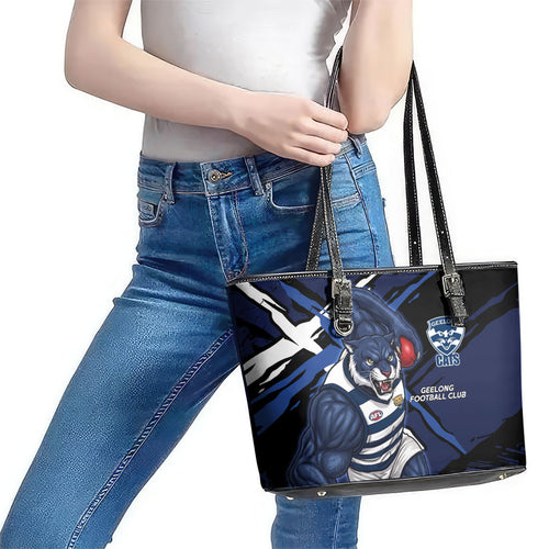 Geelong Football Club Leather Tote Bag Cats Muscular Mascot Graphic - Abstract Paint Splatter Art