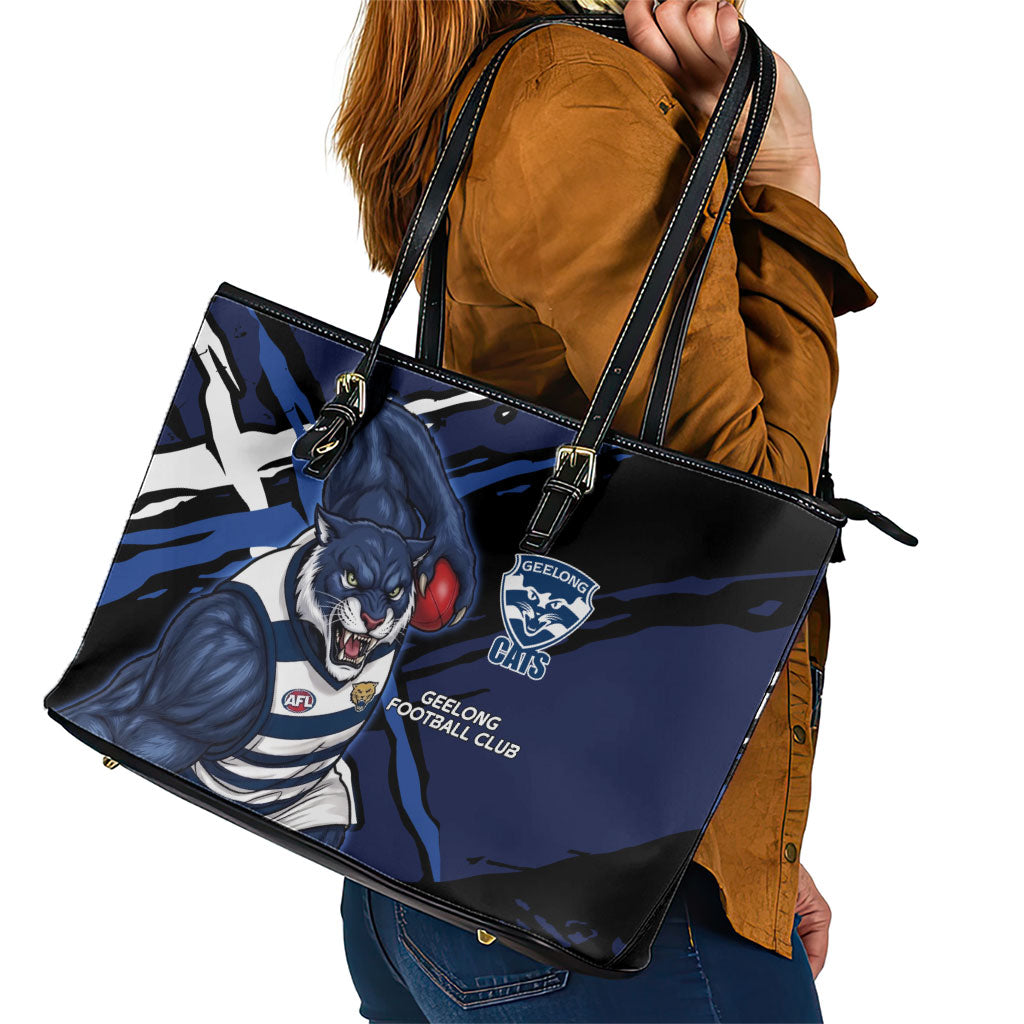 Geelong Football Club Leather Tote Bag Cats Muscular Mascot Graphic - Abstract Paint Splatter Art